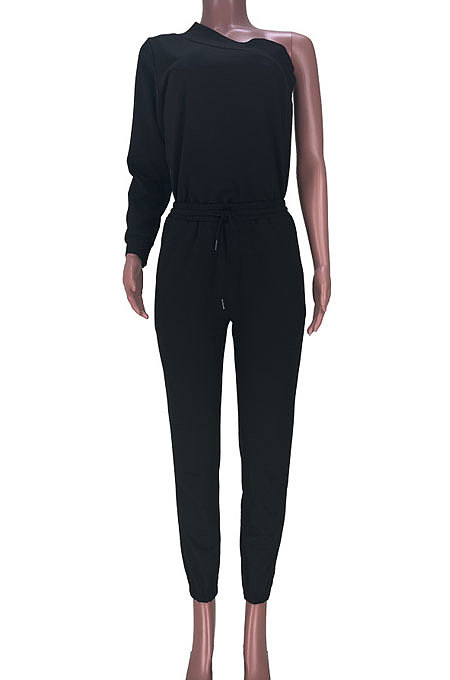 Black Women Pure Color Oblique Shoulder Long Sleeve Pants Sets MDF5255-2
