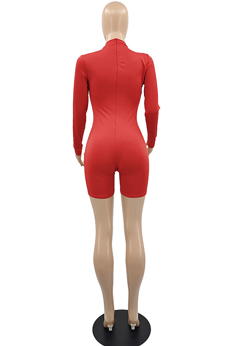 Black Women Long Sleeve O Collar Hollow Out Slim Fitting Solid Color Romper Shorts YMM9083-2