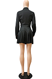 Army Green Simple Autumn Long Sleeve Lapel Neck Single-Breasted Shirt Mid Waist Peleated Skirt Sets CM2153-2
