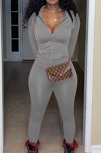 Gray Euramerican Women Trendy Solid Color Zipper Long Sleeve Tight Pants Sets MF5193-5