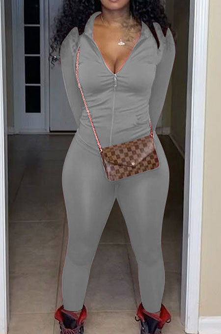 Gray Euramerican Women Trendy Solid Color Zipper Long Sleeve Tight Pants Sets MF5193-5