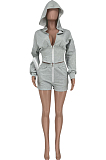 Rose Red Casual Pure Color Zipper Long Sleeve Hoodie Coat Shorts Sport Sets CYY00023-1
