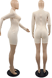 Black Women Long Sleeve O Collar Hollow Out Slim Fitting Solid Color Romper Shorts YMM9083-2