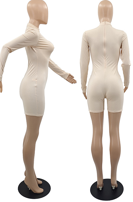 Black Women Long Sleeve O Collar Hollow Out Slim Fitting Solid Color Romper Shorts YMM9083-2