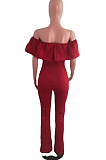 Red Simple Casual Flounce A Word Shoulder Button Slim Fitting Pure Color Collcet Waist Jumpsuits QZ5320-3