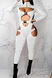 Red Club Women Hollow Out Crop Long Sleeve Insert Buckle Sexy Bodycon Jumpsuits MDF5258-3