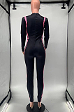 Blue Cotton Blend Spliced Long Sleeve Round Neck Zip Back Collcet Waist Bodycon Jumpsuits OEP6306-2