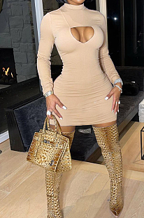 Apricot Women Long Sleeve O Collar Hollow Out Slim Fitting Solid Color Mini Dress YMM9085-2