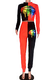 White Euramerican Trendy Casual Color Matching Digital Printing Lips Long Sleeve Round Collar Pants Sets MDF5093-2