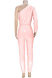 Black Women Pure Color Oblique Shoulder Long Sleeve Pants Sets MDF5255-2