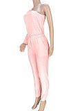 Pink Women Pure Color Oblique Shoulder Long Sleeve Pants Sets MDF5255-1