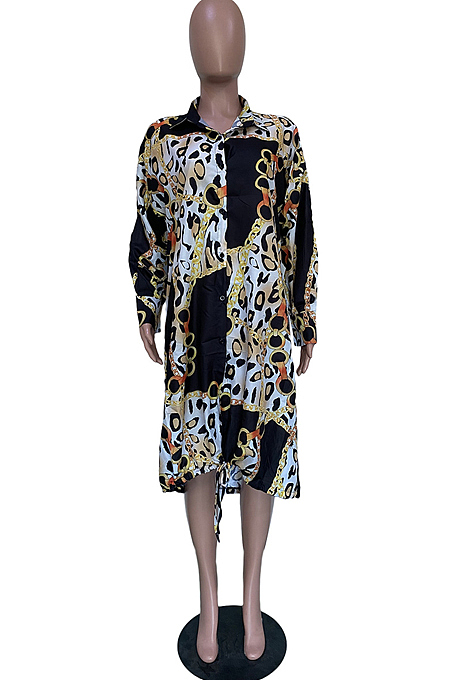 Gold New Autumn Printing Long Sleeve Lapel Collar Single-Breasted Loose Shirt Dress BBN193-1