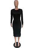 Pink Wholesal Simple Long Sleeve Round Neck Slim Fitting Solid Color Bodycon Hip Dress BBN196-3