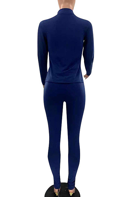 Blue Euramerican Women Trendy Solid Color Zipper Long Sleeve Tight Pants Sets MF5193-9