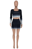 Blue New Gradiend Printing Long Sleeve Round Neck Crop Top Trousers Skirt Sport Two Piece CYY00029-1