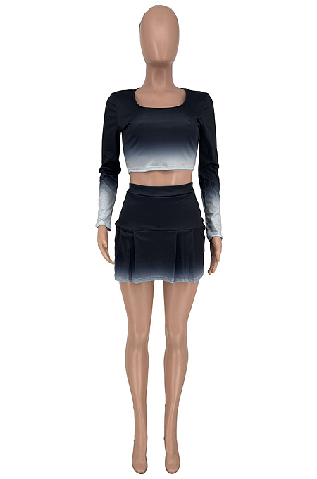 Blue New Gradiend Printing Long Sleeve Round Neck Crop Top Trousers Skirt Sport Two Piece CYY00029-1