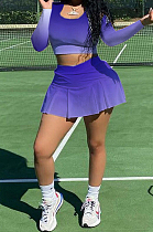 Blue New Gradiend Printing Long Sleeve Round Neck Crop Top Trousers Skirt Sport Two Piece CYY00029-1