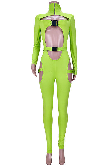 White Club Women Hollow Out Crop Long Sleeve Insert Buckle Sexy Bodycon Jumpsuits MDF5258-2