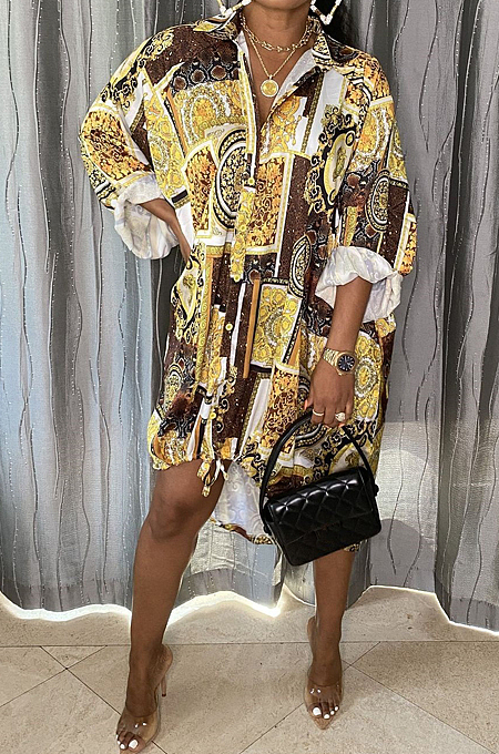 Yellow New Autumn Printing Long Sleeve Lapel Collar Single-Breasted Loose Shirt Dress BBN193-2