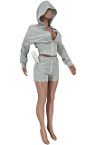 Light Gray Casual Pure Color Zipper Long Sleeve Hoodie Coat Shorts Sport Sets CYY00023-2