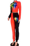 Orange Euramerican Trendy Casual Color Matching Digital Printing Lips Long Sleeve Round Collar Pants Sets MDF5093-3