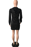 Black Casual Lips Print Long Sleeve Fleece Hoodie Slim Fitting Mini Dress QY5083