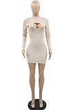 Apricot Women Long Sleeve O Collar Hollow Out Slim Fitting Solid Color Mini Dress YMM9085-2