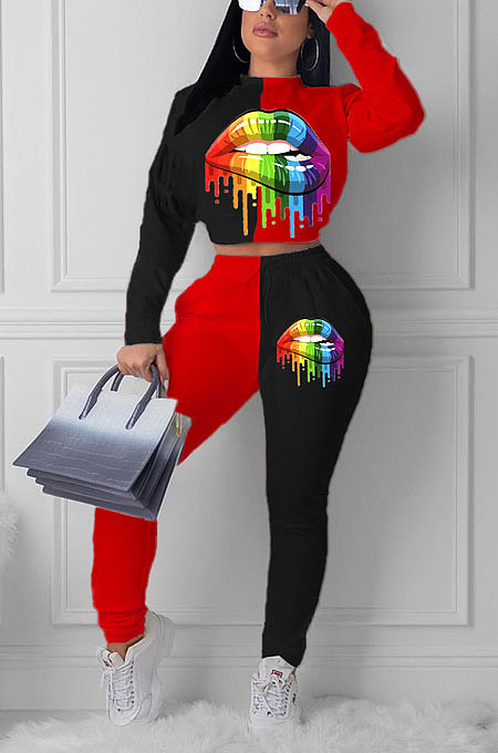 Red Euramerican Trendy Casual Color Matching Digital Printing Lips Long Sleeve Round Collar Pants Sets MDF5093-1