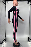 Blue Cotton Blend Spliced Long Sleeve Round Neck Zip Back Collcet Waist Bodycon Jumpsuits OEP6306-2