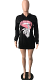 Black Casual Lips Print Long Sleeve Fleece Hoodie Slim Fitting Mini Dress QY5083