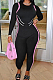 Black Cotton Blend Spliced Long Sleeve Round Neck Zip Back Collcet Waist Bodycon Jumpsuits OEP6306-1