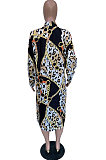 Gold New Autumn Printing Long Sleeve Lapel Collar Single-Breasted Loose Shirt Dress BBN193-1