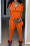 Gray Euramerican Women Trendy Solid Color Zipper Long Sleeve Tight Pants Sets MF5193-5
