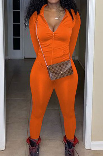 Yellow Euramerican Women Trendy Solid Color Zipper Long Sleeve Tight Pants Sets MF5193-1