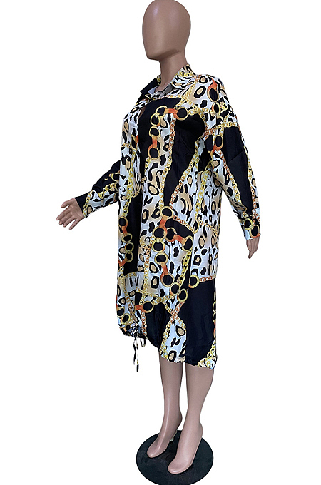 Gold New Autumn Printing Long Sleeve Lapel Collar Single-Breasted Loose Shirt Dress BBN193-1