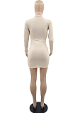 Apricot Women Long Sleeve O Collar Hollow Out Slim Fitting Solid Color Mini Dress YMM9085-2