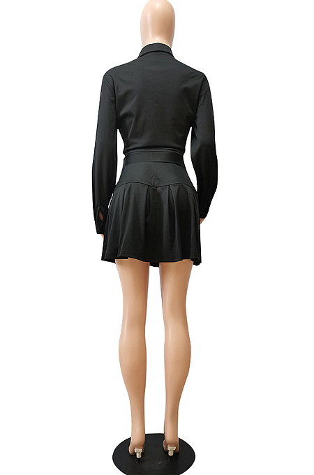 Brown Simple Autumn Long Sleeve Lapel Neck Single-Breasted Shirt Mid Waist Peleated Skirts Sets CM2153-3