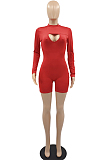 Black Women Long Sleeve O Collar Hollow Out Slim Fitting Solid Color Romper Shorts YMM9083-2