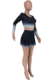 Black New Gradiend Printing Long Sleeve Round Neck Crop Top Trousers Skirt Sport Two Piece CYY00029-2