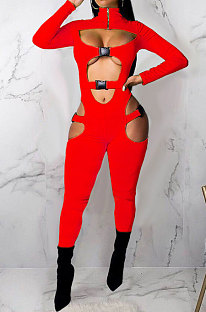 Red Club Women Hollow Out Crop Long Sleeve Insert Buckle Sexy Bodycon Jumpsuits MDF5258-3