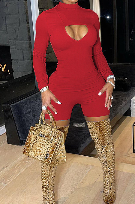 Red Women Long Sleeve O Collar Hollow Out Slim Fitting Solid Color Romper Shorts YMM9083-4