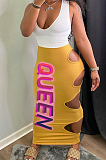 Blue Sexy Summer Sleeveless V Neck Tank Tight Hollow Out Letter Printing Hip Skirt Two-Piece H1636-2