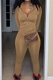 Dark Brown Euramerican Women Trendy Solid Color Zipper Long Sleeve Tight Pants Sets MF5193-7