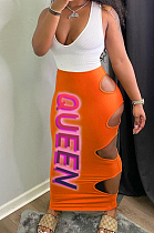 Orange Sexy Summer Sleeveless V Neck Tank Tight Hollow Out Letter Printing Hip Skirt Two-Piece H1636-6