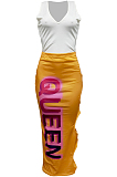 Purple Sexy Summer Sleeveless V Neck Tank Tight Hollow Out Letter Printing Hip Skirt Two-Piece H1636-5