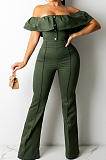 Army Green Simple Casual Flounce A Word Shoulder Button Slim Fitting Pure Color Collcet Waist Jumpsuits QZ5320-2