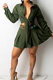 Red Simple Autumn Long Sleeve Lapel Neck Single-Breasted Shirt Mid Waist Peleated Skirts Sets CM2153-1