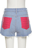 Summer Women Fashion Spliced pocket Sexy Hip Tight Casual Jeans Shorts SX04640