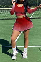Red New Gradiend Printing Long Sleeve Round Neck Crop Top Trousers Skirt Sport Two Piece CYY00029-3