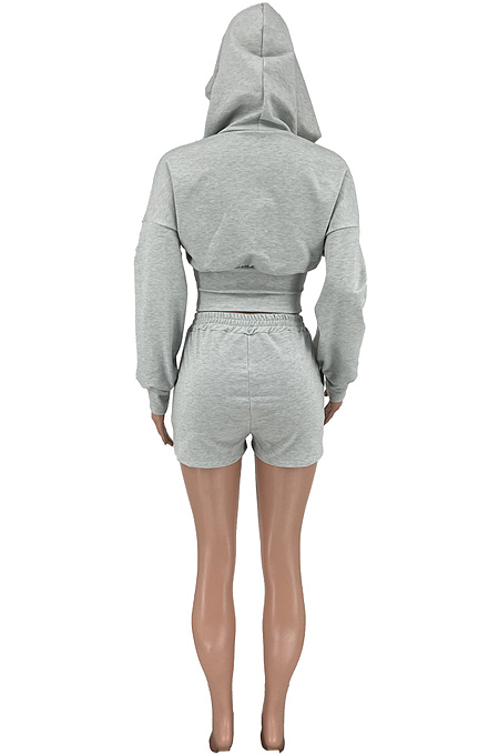 Light Gray Casual Pure Color Zipper Long Sleeve Hoodie Coat Shorts Sport Sets CYY00023-2